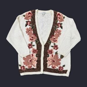Vintage Cream Floral Cottagecore Button Up Cardigan Long Sleeve Sweater Size L